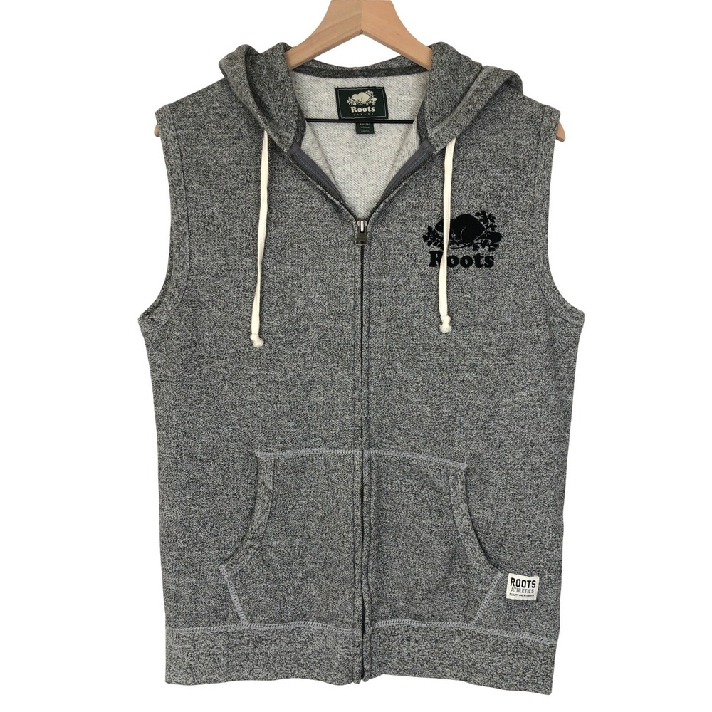 ROOTS Canada Athletics Hoodie Sweatshirt Vest Mens XS Gray Full Zip Sleeveless